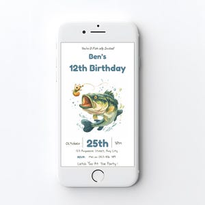 Editable fishing birthday invitation displayed on a mobile phone screen, showing the digital invite size for texting or sharing online