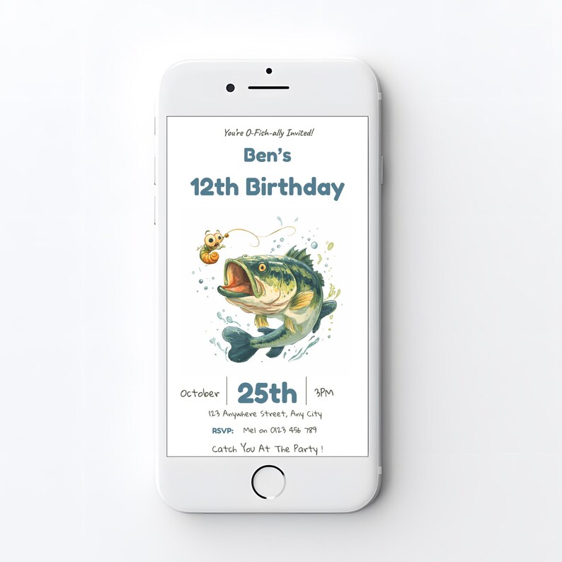 Editable fishing birthday invitation displayed on a mobile phone screen, showing the digital invite size for texting or sharing online