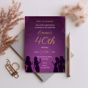 Glamorous birthday invitation template editable Canva surprise party invite women 40th 50th 60th purple gold printable digital download