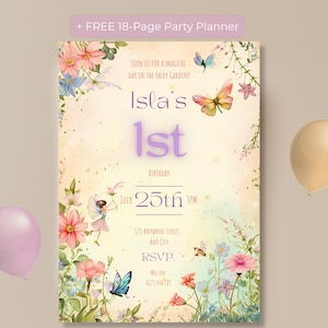 Fairy garden birthday invitation Canva template with free 18-page party planner bonus callout banner, displayed with pastel pink and beige balloons on a warm neutral background