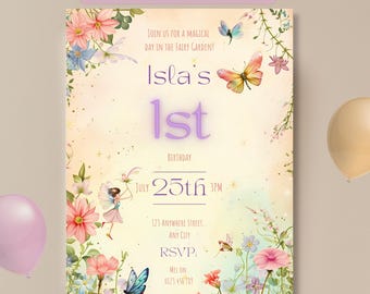 Fairy First Birthday Invitation Girl, Editable Fairy Garden 1st Birthday Canva Invite, Enchanted Butterfly Party, Whimsical Girl