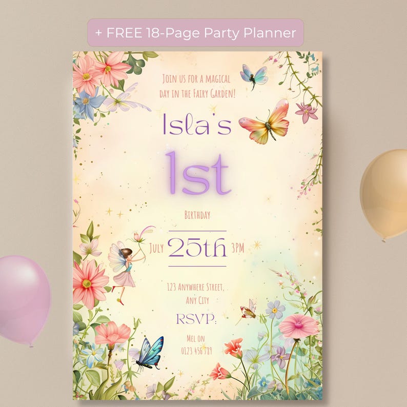 Fairy garden birthday invitation Canva template with free 18-page party planner bonus callout banner, displayed with pastel pink and beige balloons on a warm neutral background