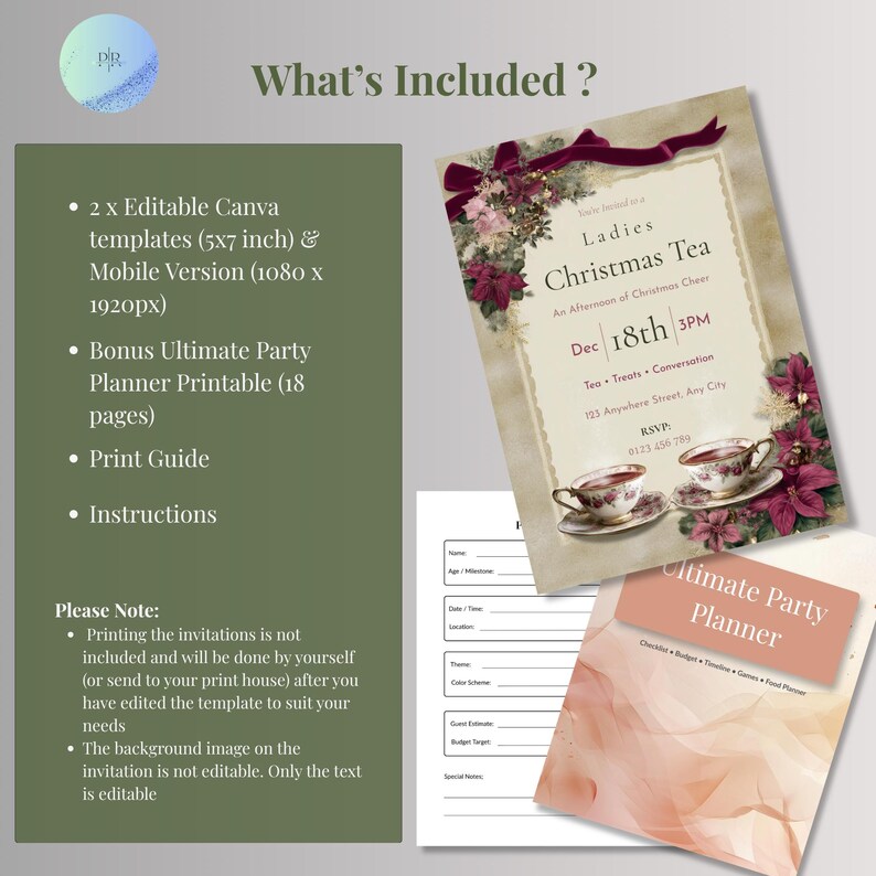 Christmas Tea invitation listing contents: 2 editable Canva templates in 5x7 and mobile sizes, plus bonus 18-page party planner