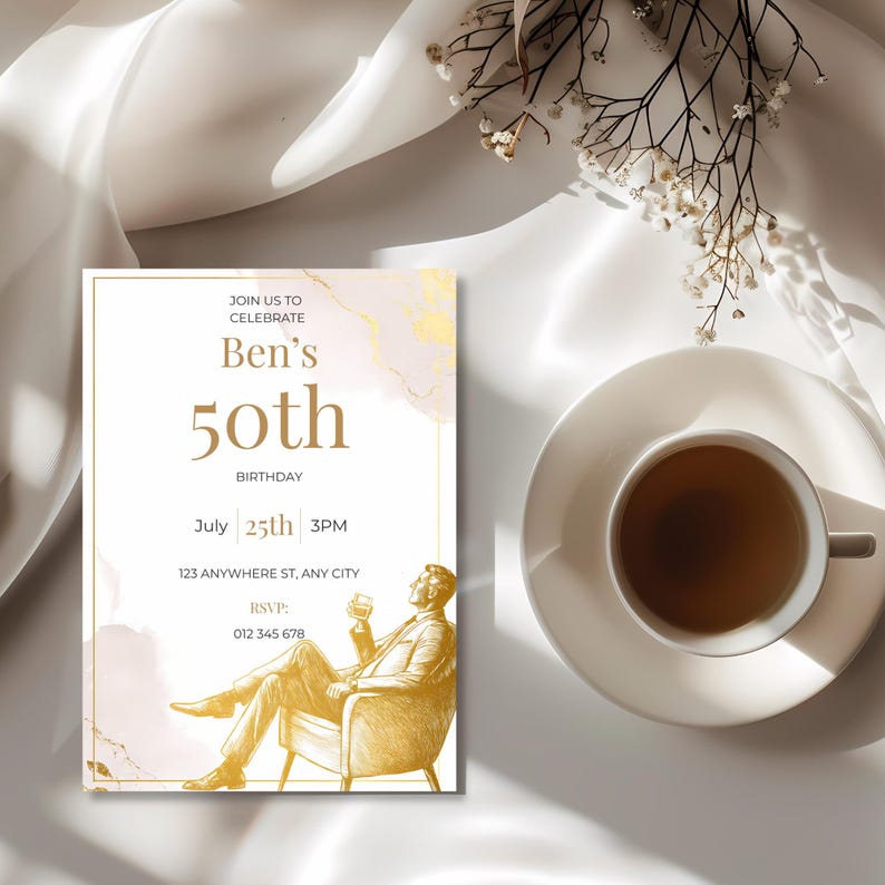 Modern mens birthday invitation template with clean white space, gold border and minimalist typography, designed for a sophisticated birthday celebration