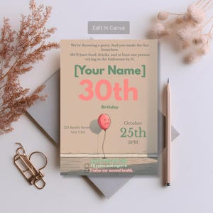 Funny 30th birthday invitation template with sad balloon design and sarcastic RSVP options, shown with matching envelope