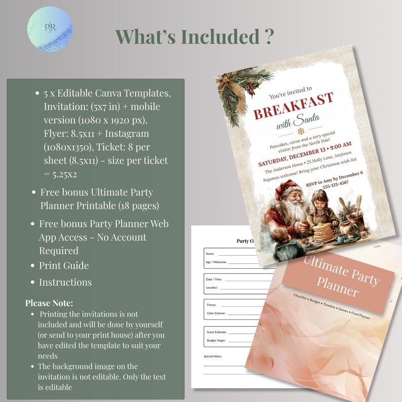 What's included: 5 editable Canva templates (5x7 invitation, phone evite, 8.5x11 flyer, Instagram post and ticket sheet), free printable party planner, free party planner web app, print guide and instructions