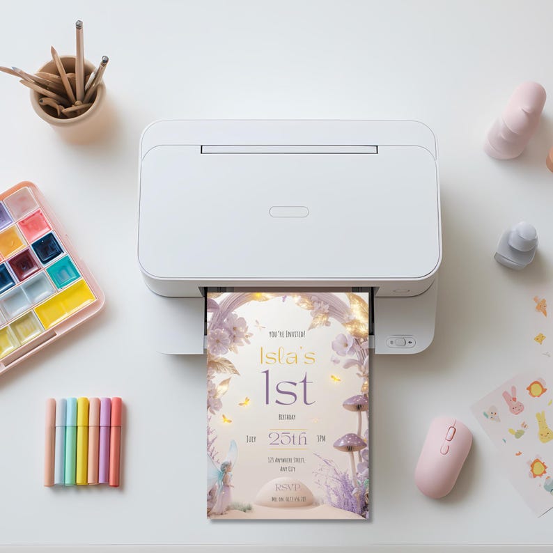 Printable fairy first birthday invitation being printed at home showing purple mushroom fairy Canva template with lavender florals gold butterflies and enchanted arch design