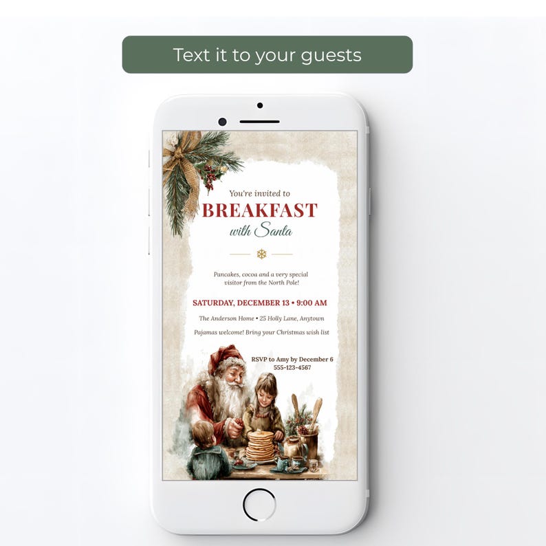 Breakfast with Santa evite on a smartphone, ready to text to family and friends
