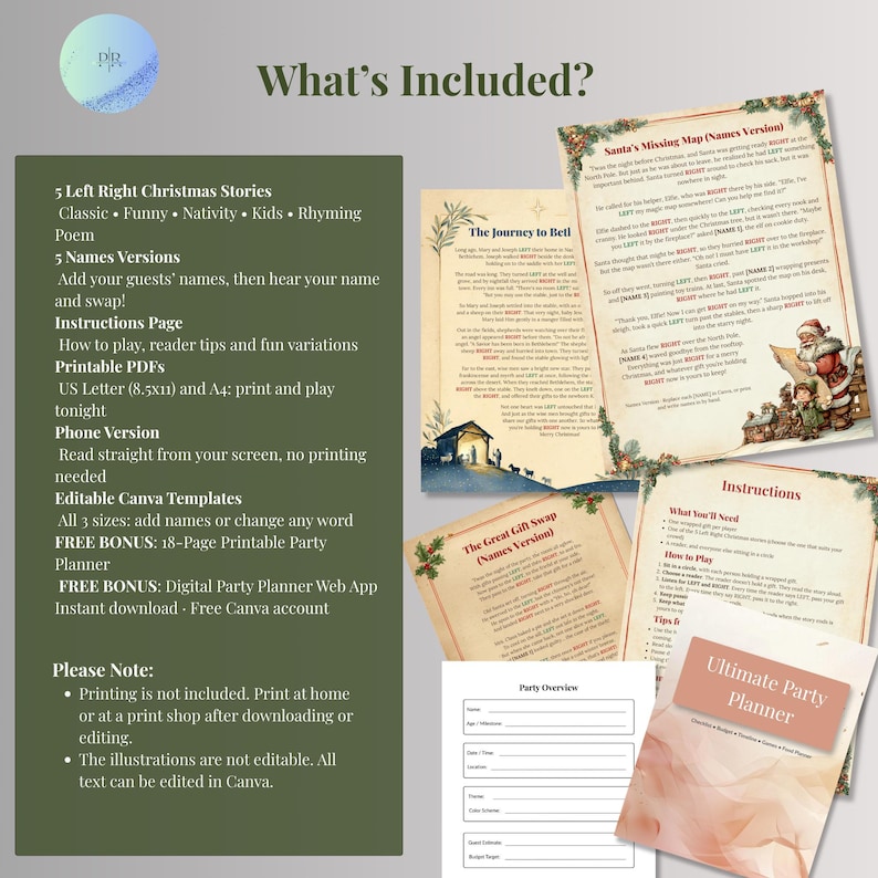 5 left right Christmas stories, 5 names versions, instructions page, printable PDFs in US Letter and A4, phone version and editable Canva templates, plus a free printable party planner and party planner web app