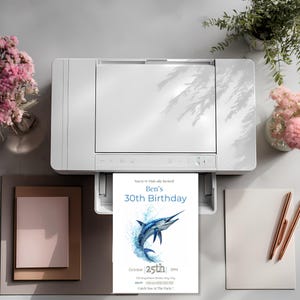 Printable fishing birthday invitation freshly printed, blue marlin ocean themed party invite for men