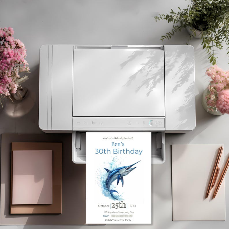 Printable fishing birthday invitation freshly printed, blue marlin ocean themed party invite for men
