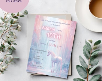Pastel Unicorn Birthday Invitation, Watercolor Magical Invite Template, Editable Girl Party Invitation, 5x7 Canva Download