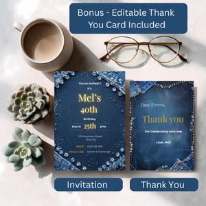 Denim and diamonds birthday invitation and matching thank you card templates displayed side by side, editable Canva 5x7 designs with denim texture background and diamond sparkle accents