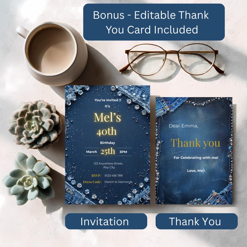 Denim and diamonds birthday invitation and matching thank you card templates displayed side by side, editable Canva 5x7 designs with denim texture background and diamond sparkle accents