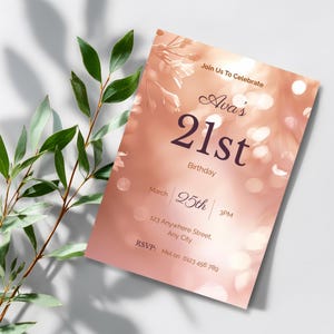 Modern minimal 21st birthday invite with blush floral accents and airy text space