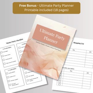 Free bonus 18-page printable Ultimate Party Planner with master party checklist, shopping list and cover page, included with the birthday invitation