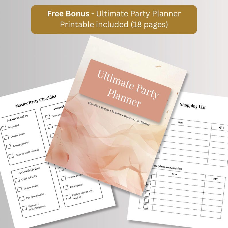 Free bonus 18-page printable Ultimate Party Planner with master party checklist, shopping list and cover page, included with the birthday invitation