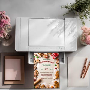 Christmas cookie exchange invitation printing at home on a desktop printer, a printable 5x7 holiday cookie swap invite