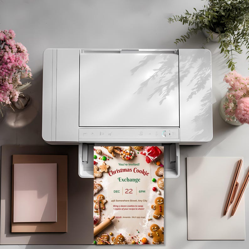 Christmas cookie exchange invitation printing at home on a desktop printer, a printable 5x7 holiday cookie swap invite