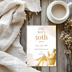 Minimalist gold mens birthday invitation template featuring a luxury sketch style man sitting in an armchair, elegant modern design editable in Canva