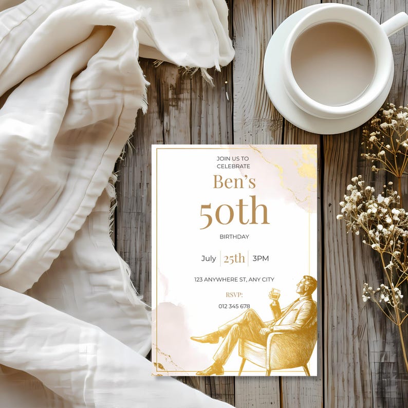 Minimalist gold mens birthday invitation template featuring a luxury sketch style man sitting in an armchair, elegant modern design editable in Canva