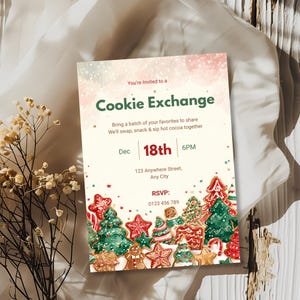 Cookie Exchange invitation styled on sheer fabric with dried flowers and a rustic wood fence background