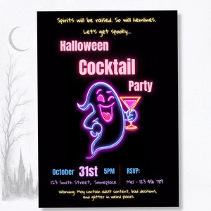 Halloween cocktail party Canva template neon ghost martini invitation printable or digital boozy adult Halloween party invite