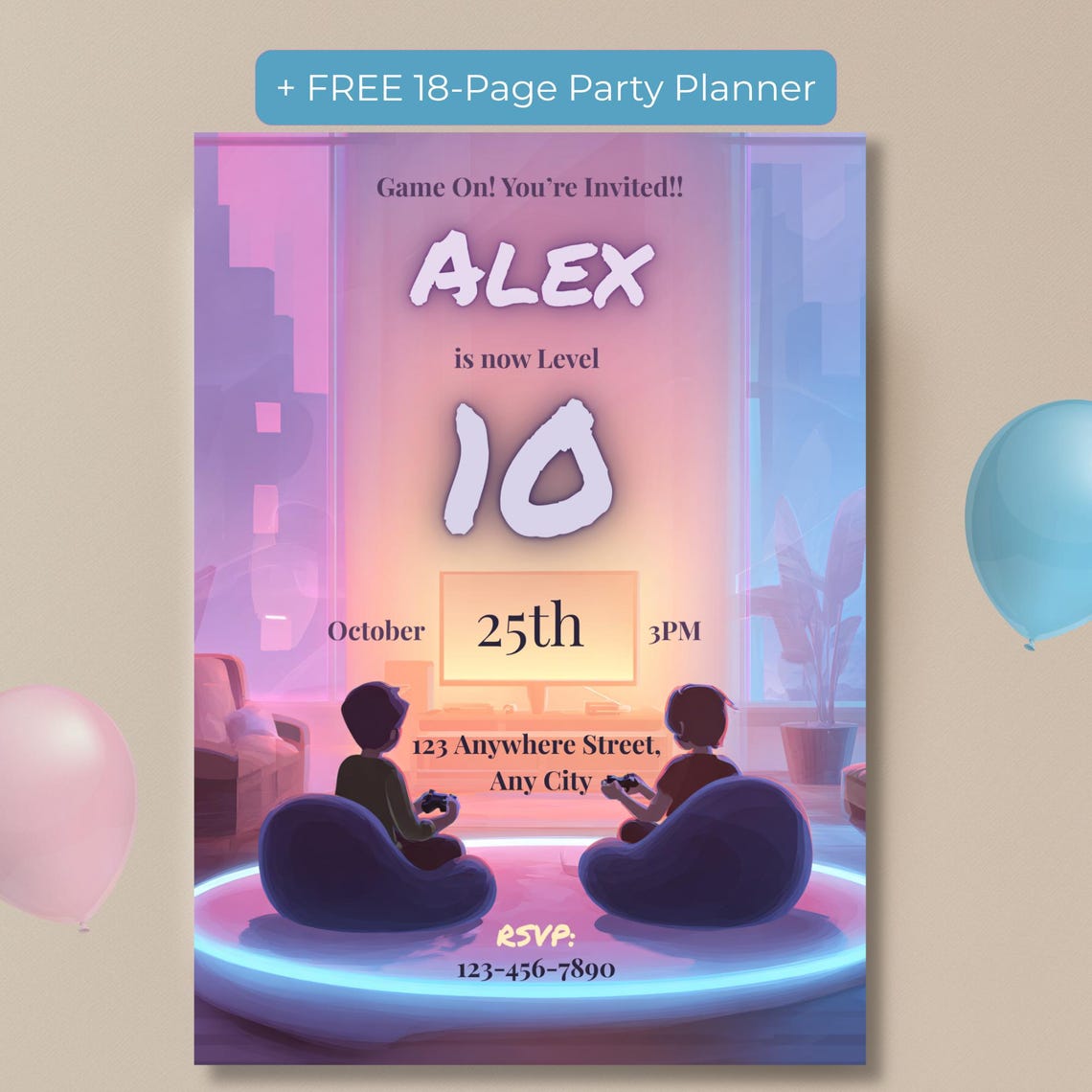 Video Game Party Invitation — Editable Gaming Birthday Template