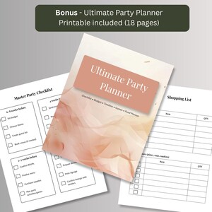 Free bonus 18-page printable party planner with master party checklist, shopping list and budget pages
