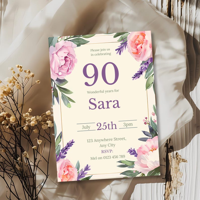 90th Birthday Invitation Editable Template