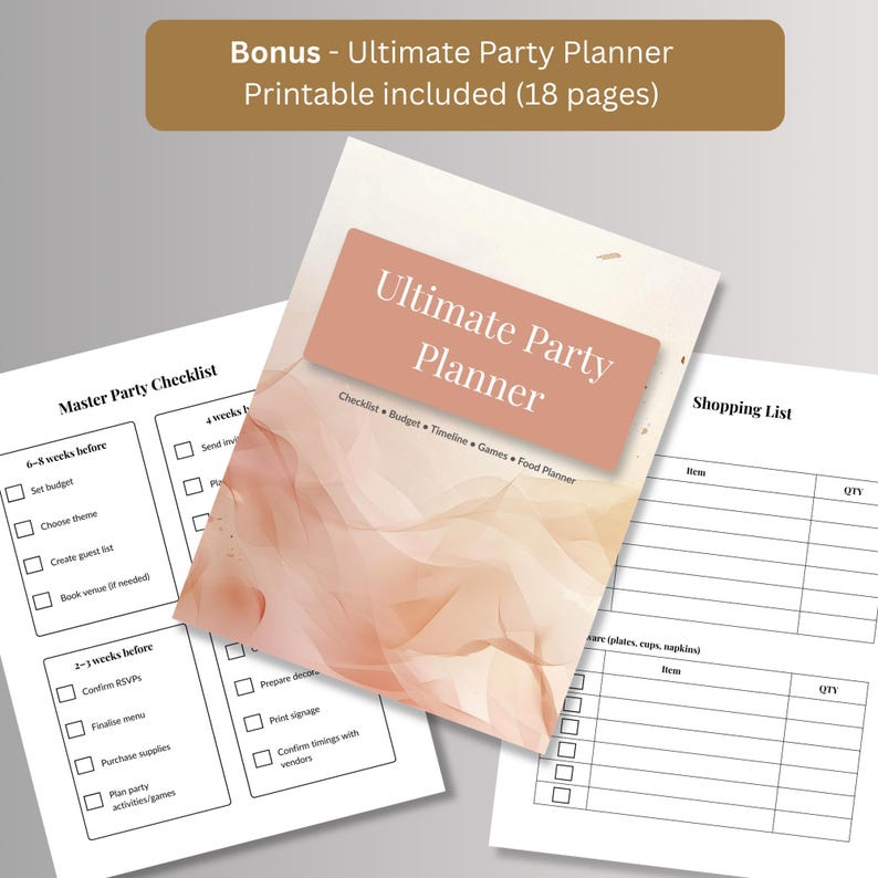 Free bonus 18-page Ultimate Party Planner printable with master party checklist, shopping list, budget and timeline pages for planning a gift exchange party