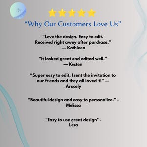 Five star customer reviews for elegant 70th birthday invitation Canva template — easy to edit, beautiful design, instant download