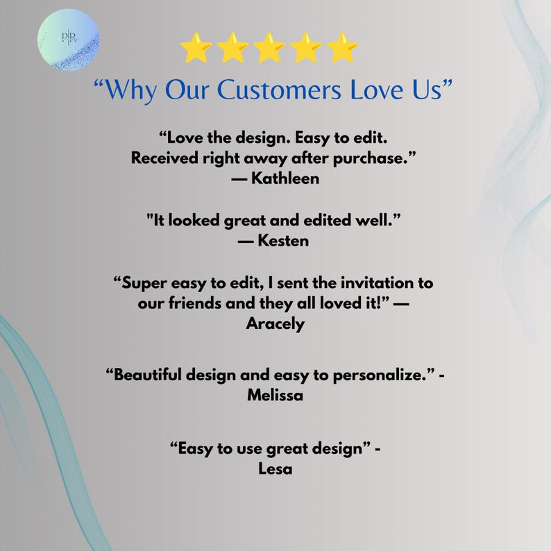 Five star customer reviews for elegant 70th birthday invitation Canva template — easy to edit, beautiful design, instant download