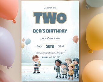 Ice Hockey 2nd Birthday Invitation, Slapshot Into Two Party Invite, Editable Canva Template, Watercolor Sports Birthday, Plus Thank You Card