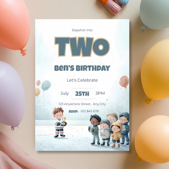 Slapshot Into Two Hockey Birthday Invitation