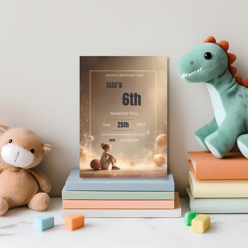 Kids basketball party invitation template editable Canva sports birthday invite for girls