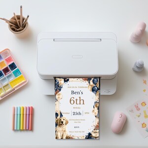 Puppy birthday invitation printing from a home printer, watercolor dog party invite ready to print