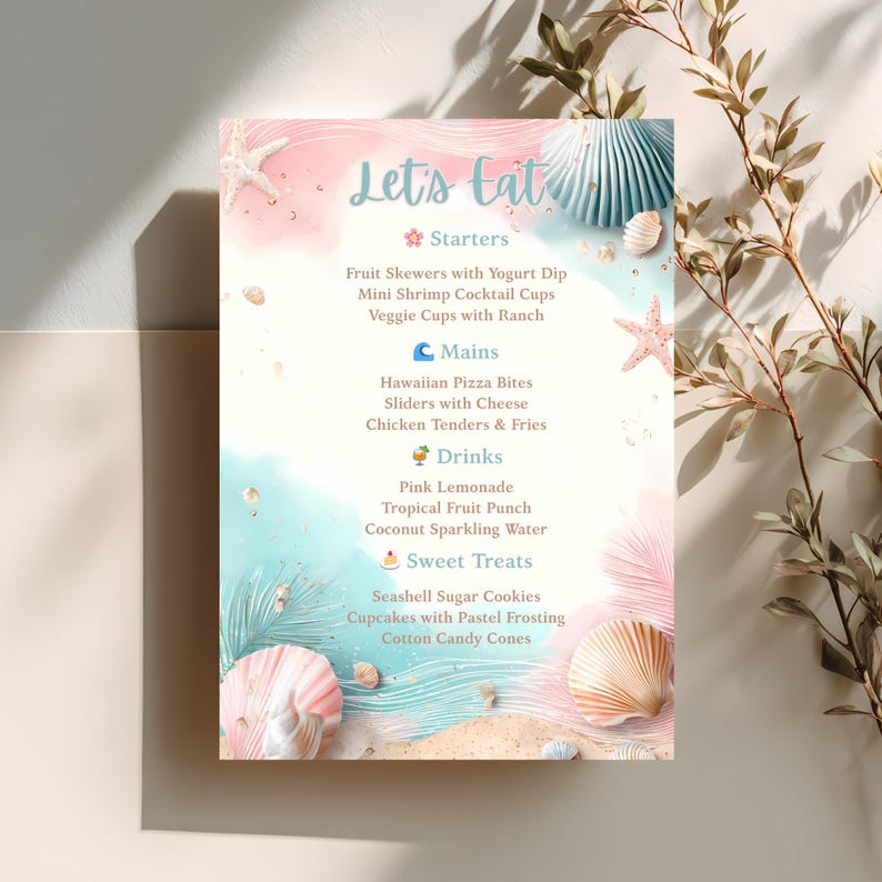 May include: A beach-themed menu with the words "Let's Eat" in a script font. The menu lists starters, mains, drinks, and sweet treats, with items like fruit skewers, pizza bites, and pink lemonade. The background features watercolor washes and seashell illustrations.