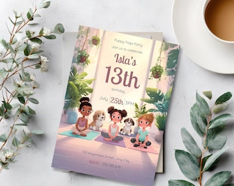 13th Birthday Invite Puppy Yoga, Editable Canva Invitation Girl, Pastel Aesthetic Teen Party, Printable Download