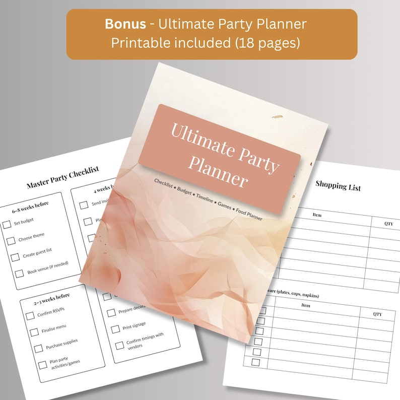 Free 18 page printable Ultimate Party Planner bonus with checklist and shopping list pages for Friendsgiving hosts
