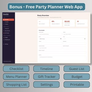Free party planner web app bonus with guest list, budget tracker, checklist, and menu planner for Friendsgiving hosts