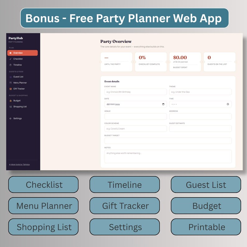 Free party planner web app bonus with guest list, budget tracker, checklist, and menu planner for Friendsgiving hosts