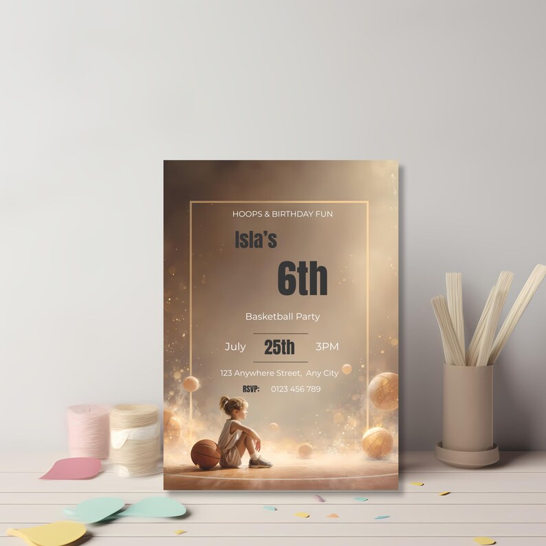 Printable basketball birthday invitation featuring girl basketball player and glowing court background