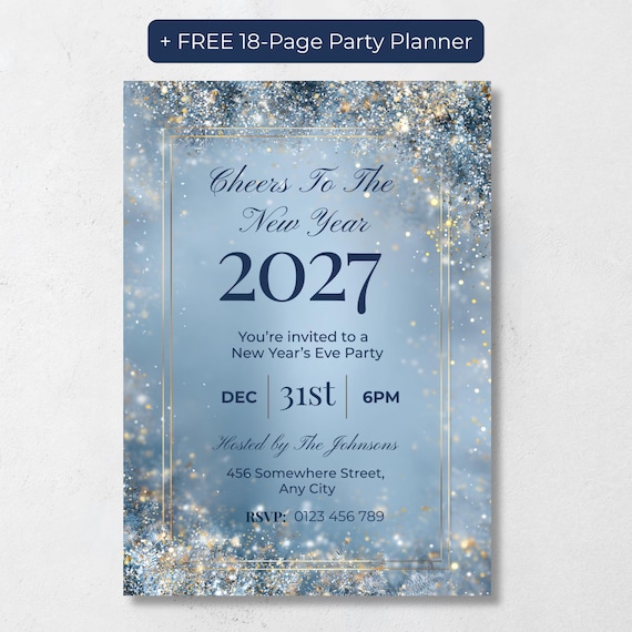 Cheers to the New Year Invitation, Silver Glitter NYE