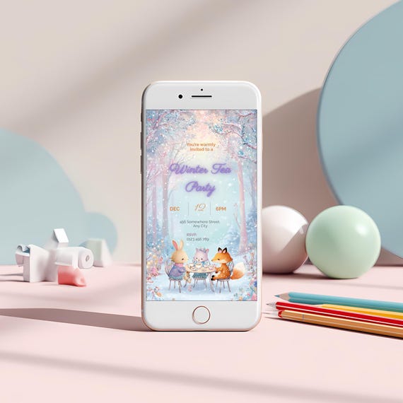 Winter tea party invitation displayed on a smartphone screen, mobile digital invite version