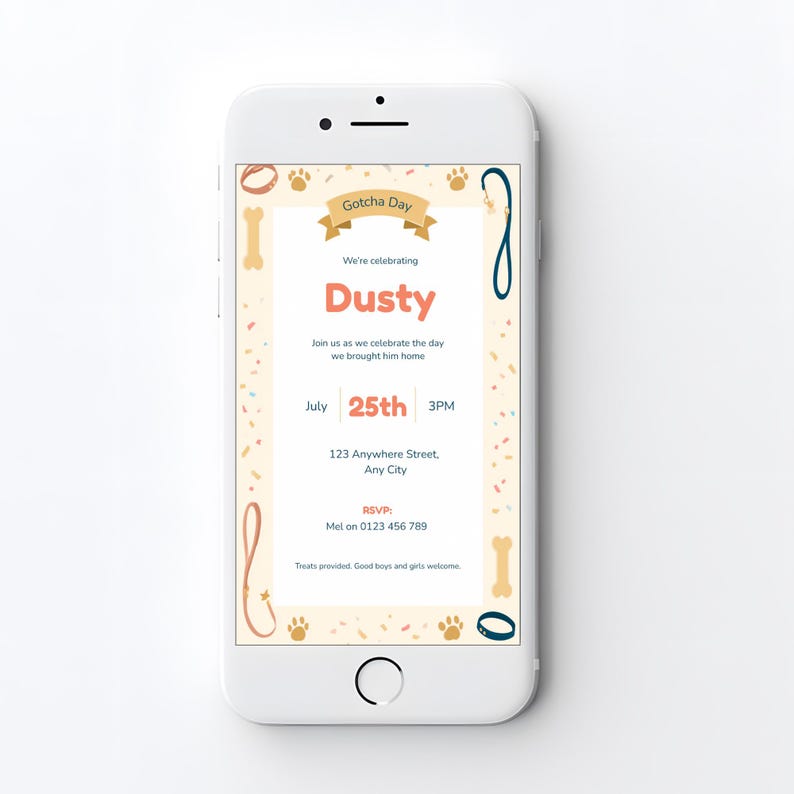 Dog Gotcha Day Invitation shown on smartphone, mobile-optimised digital invite template