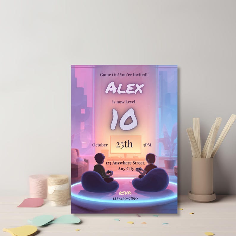 Gaming birthday invitation template leaning against a wall with confetti and ribbon, video game themed party invite styled photo