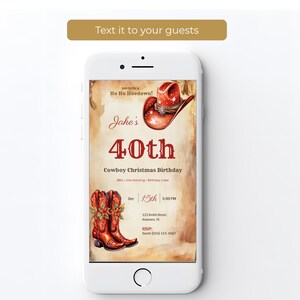 Western Christmas birthday evite on a smartphone screen, ready to text to party guests