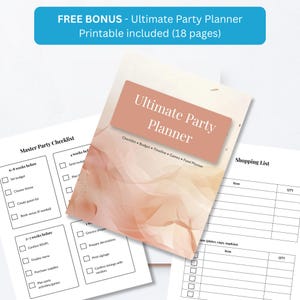 Free bonus 18-page ultimate party planner printable included with slime party invitation purchase, checklist and shopping list pages shown