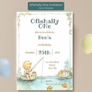 Watercolor Ofishally One birthday invitation editable Canva template featuring a child in a fishing boat with soft pastel colours and matching thank you card